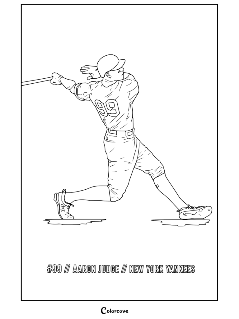Dibujo para colorear de MLB para niños y adultos de Aaron Judge con el número noventa y nueve bateando con New York Yankees
