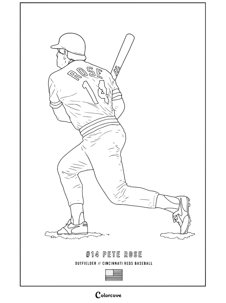 Dibujo para colorear de Pete Rose bateando con el uniforme de Cincinnati Reds con esta leyenda de MLB.