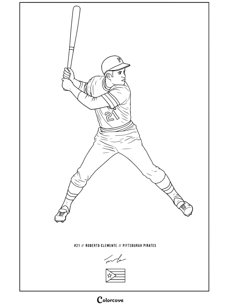 Dibujo para colorear imprimible de MLB con Roberto Clemente de Pittsburgh Pirates en una clásica postura de bateo de béisbol.