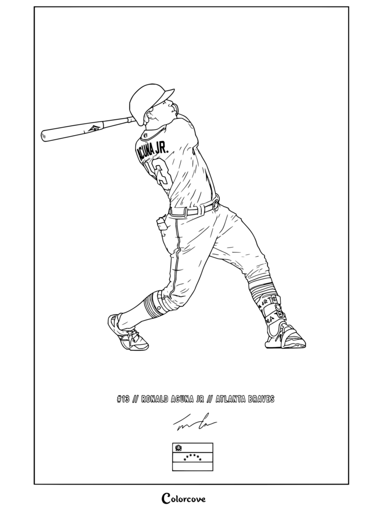 Dibujo para colorear del jugador de béisbol Ronald Acuña Jr. de Atlanta Braves abanicando el bate para aficionados de MLB.