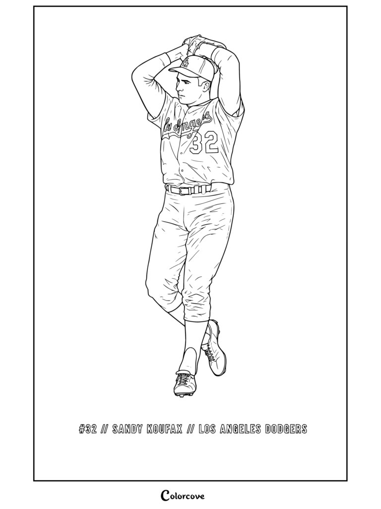 Dibujo para colorear de Sandy Koufax en postura de lanzamiento con Los Angeles Dodgers para aficionados de MLB