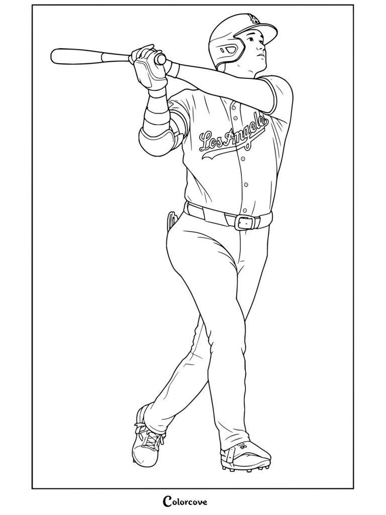 Dibujo para colorear de Shohei Ohtani bateando con el uniforme de Los Angeles Dodgers con la estrella de MLB abanicando el bate.