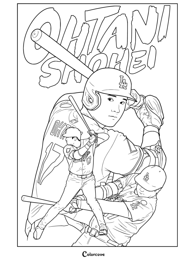 Dibujo para colorear estilo collage con retratos del jugador de béisbol de los Dodgers Shohei Ohtani bateando en poses de acción para aficionados de MLB.