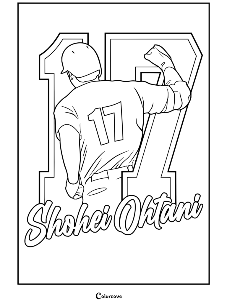 Dibujo para colorear de Shohei Ohtani celebrando con el número diecisiete en su jersey para aficionados de MLB