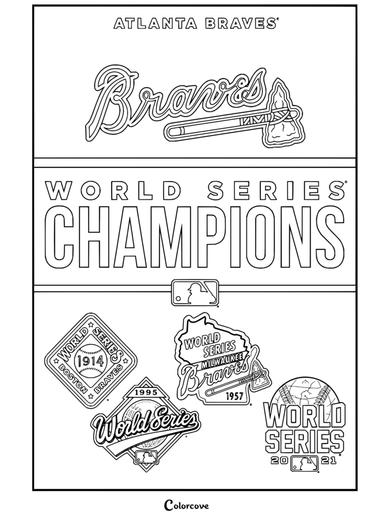 Dibujo para colorear Trends International MLB Atlanta Braves campeones con el logotipo del equipo y victorias en la Serie Mundial.