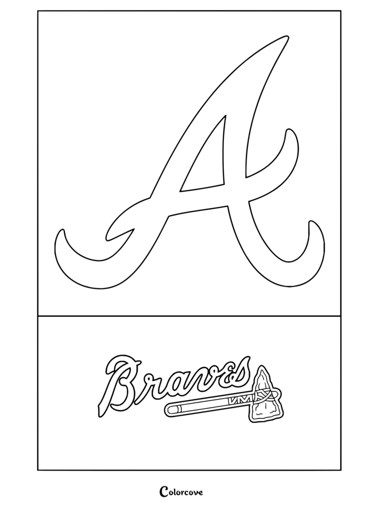 Dibujo para colorear Trends International del logo de Atlanta Braves de la MLB con la icónica «A» en cursiva y el tomahawk.