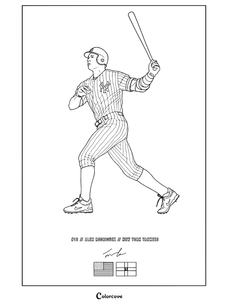 Dibujo para colorear de Alex Rodriguez de New York Yankees en uniforme bateando en un partido de béisbol de MLB.
