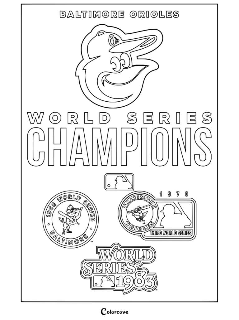Dibujo para colorear Trends International MLB Baltimore Orioles campeones con el logotipo del equipo y fechas de la Serie Mundial