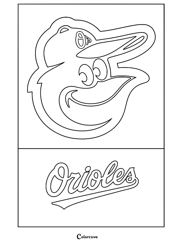 Dibujo para colorear del logo de Baltimore Orioles con la mascota del equipo de la MLB y su nombre en letra cursiva.