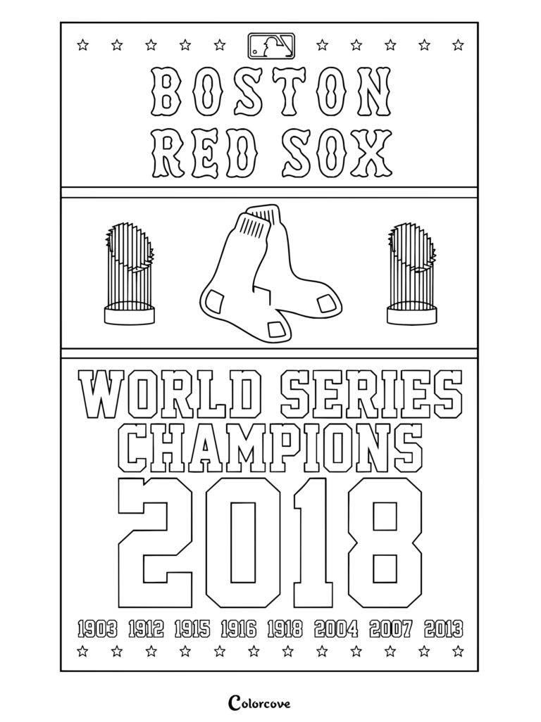 Dibujo para colorear de MLB de Boston Red Sox con el logotipo de campeones de la Serie Mundial 2018, las medias del equipo y los años de campeonato.