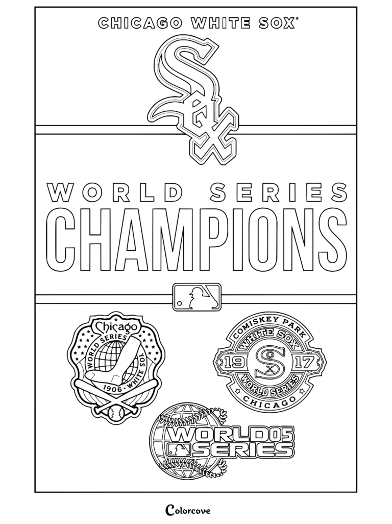 Dibujo para colorear Trends International MLB Chicago White Sox campeones con logotipos del equipo y emblemas de la Serie Mundial.