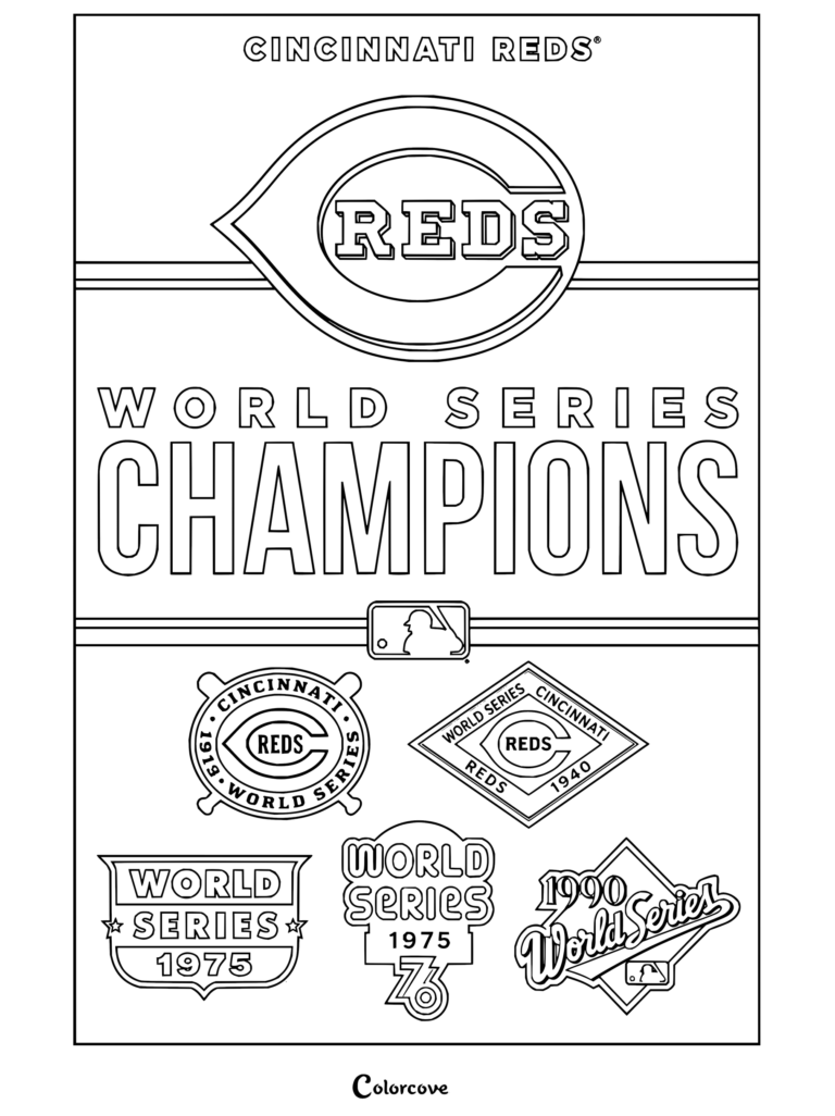 Dibujo para colorear de MLB de Cincinnati Reds campeones de la Serie Mundial con logotipos del equipo y años de campeonatos históricos.