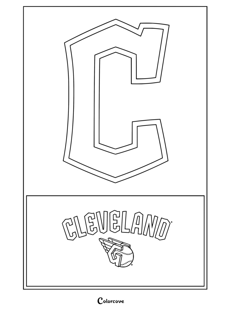 Dibujo para colorear del logo de Cleveland Guardians de la MLB con una C en bloque y un emblema de béisbol.