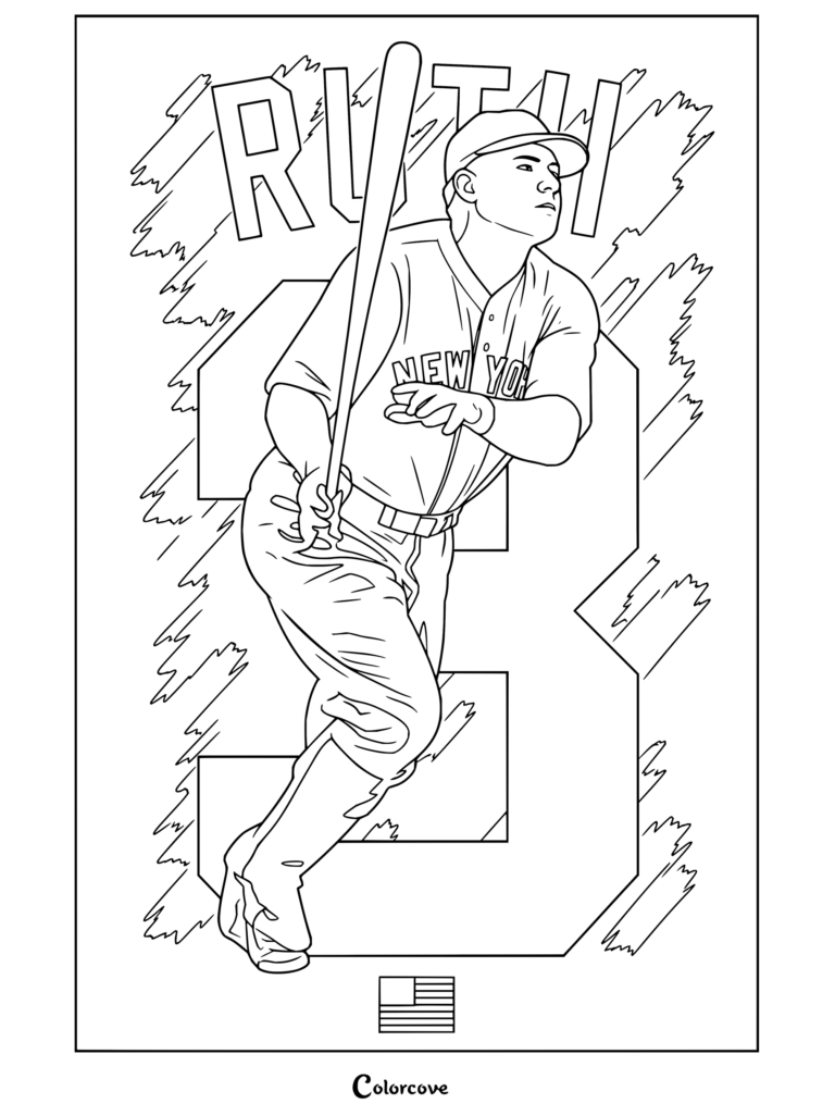 Dibujo para colorear imprimible de MLB de Babe Ruth bateando con el número tres en su jersey y una bandera estadounidense.