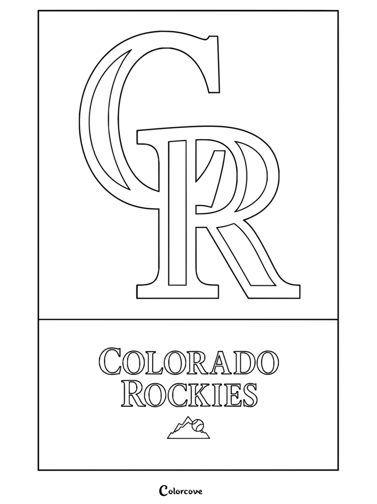 Dibujo para colorear de la MLB del logo de Colorado Rockies con las letras entrelazadas CR y el icono de la montaña con la pelota de béisbol.
