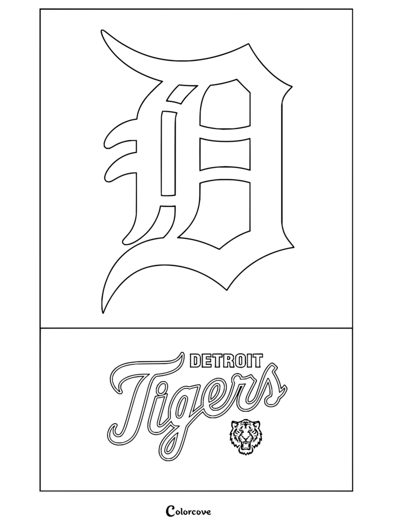 Dibujo para colorear Trends International MLB del logotipo de Detroit Tigers con la clásica D gótica y las letras del equipo.