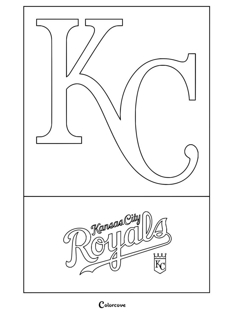 Dibujo para colorear Trends International MLB del logotipo de Kansas City Royals con el monograma KC y las letras del equipo.