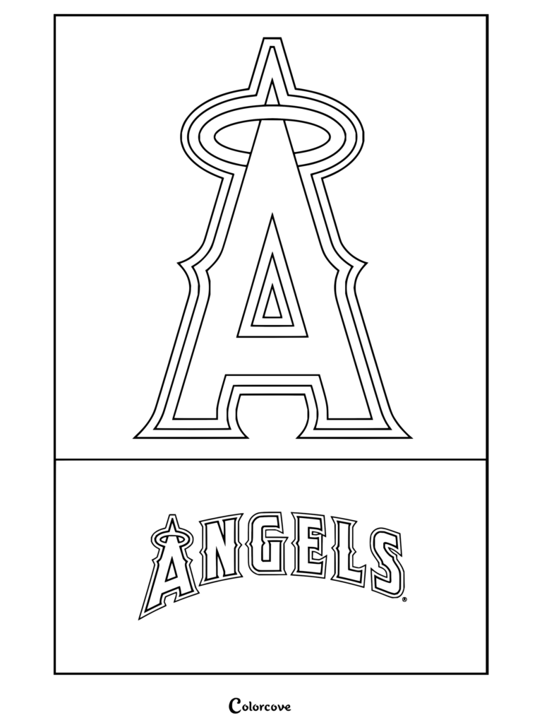 Dibujo para colorear Trends International del logo de Los Angeles Angels de la MLB con la emblemática «A» con aureola y el nombre del equipo.