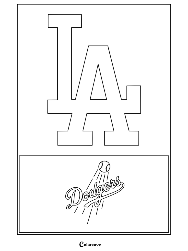 Dibujo para colorear de la MLB del logo de Los Angeles Dodgers con la icónica insignia LA y texto en cursiva con una pelota de béisbol.