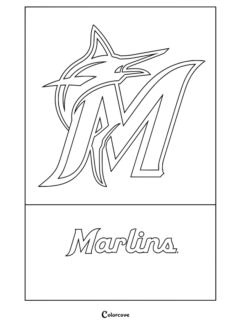 Dibujo para colorear Trends International del logo de Miami Marlins de la MLB con el icónico marlín y la «M» del equipo.