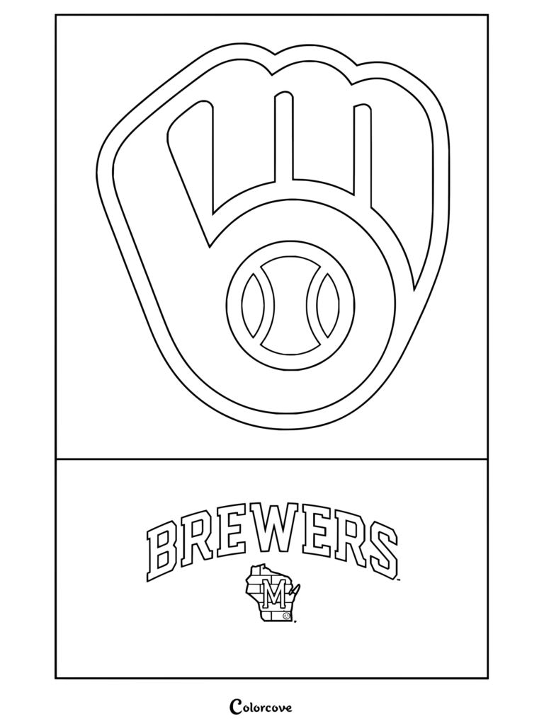 Dibujo para colorear Trends International del logo de Milwaukee Brewers de la MLB con el icónico diseño del guante y la pelota de béisbol.