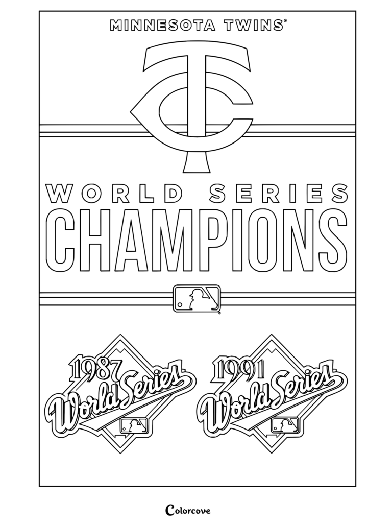 Dibujo para colorear Trends International MLB Minnesota Twins campeones 23 con el logotipo TC y los logos de la Serie Mundial de 1987 y 1991.