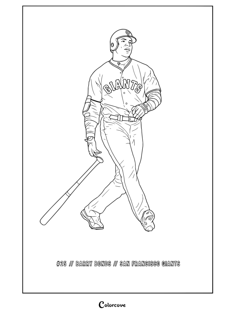 Dibujo para colorear imprimible de MLB con Barry Bonds de San Francisco Giants caminando con su bate.