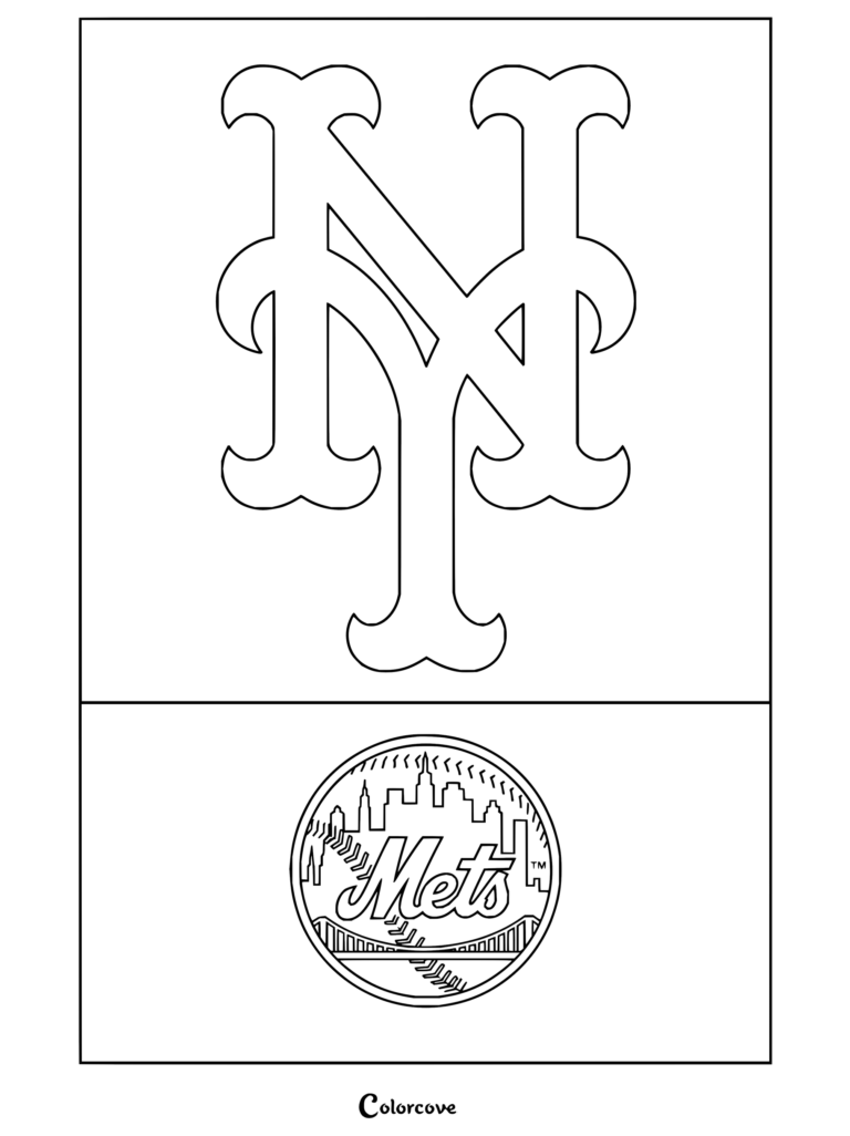 Dibujo para colorear de la MLB del logo de New York Mets con las clásicas letras NY entrelazadas y el emblema del equipo.