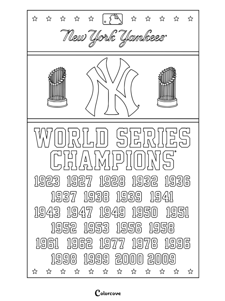 Dibujo para colorear de MLB de los campeones New York Yankees con los años de la Serie Mundial y logotipos del equipo