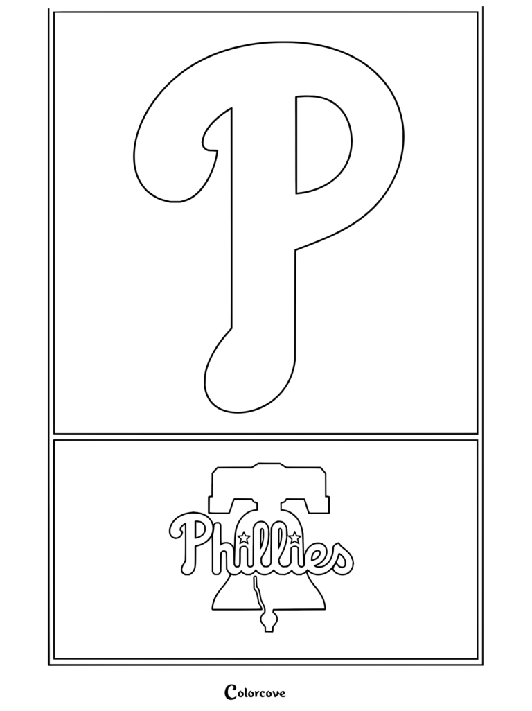Dibujo para colorear Trends International del logo de Philadelphia Phillies de la MLB con la tipografía clásica del equipo y la Campana de la Libertad.