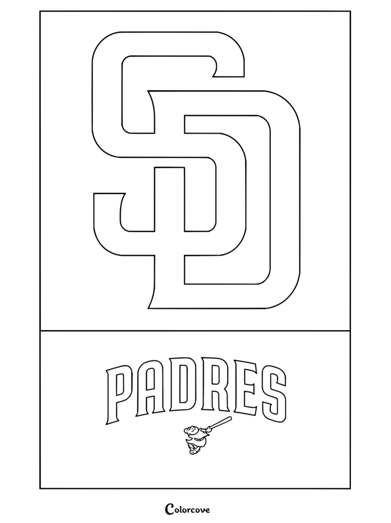 Dibujo para colorear de la MLB del logo de San Diego Padres con la insignia entrelazada SD y las letras de Padres.