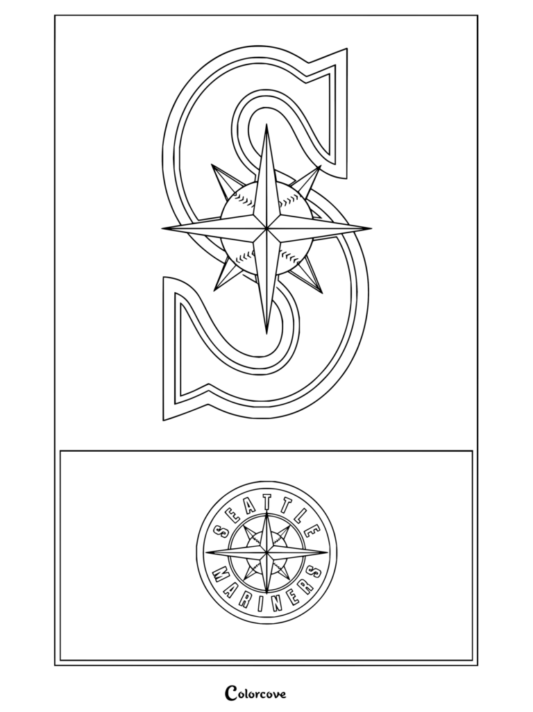 Dibujo para colorear Trends International del logo de Seattle Mariners de la MLB con la icónica «S» del equipo y la brújula sobre una pelota de béisbol.