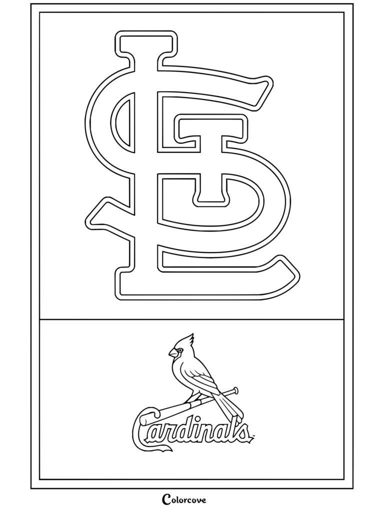 Dibujo para colorear Trends International del logo de St. Louis Cardinals de la MLB con el emblema entrelazado STL y el cardenal sobre un bate.
