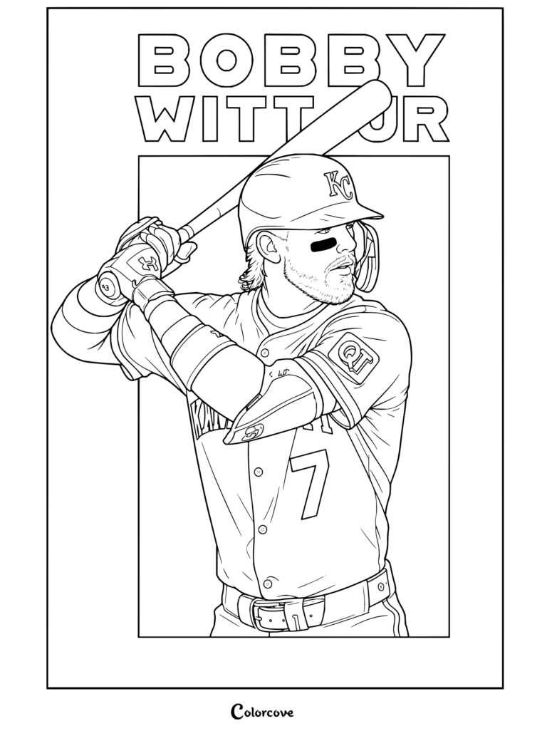 Dibujo para colorear imprimible de Bobby Witt Jr. bateando con el uniforme de los Royals para aficionados de MLB con la estrella de Kansas City.