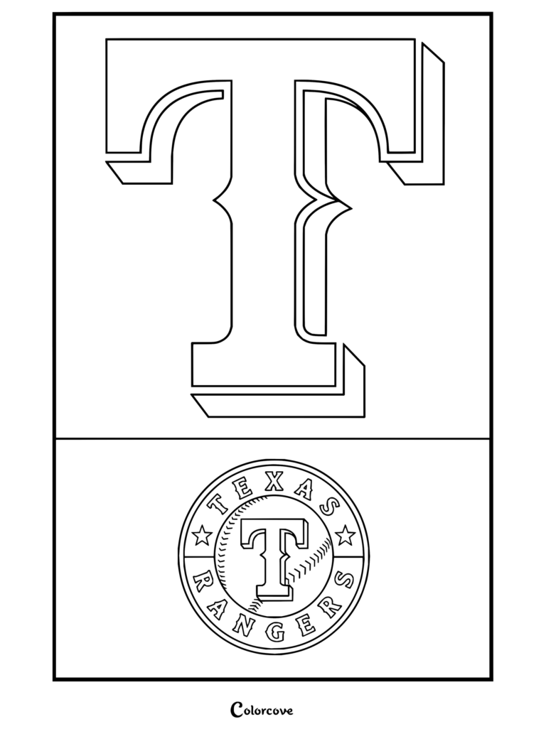 Dibujo para colorear Trends International del logo de Texas Rangers de la MLB con elementos gráficos del equipo.
