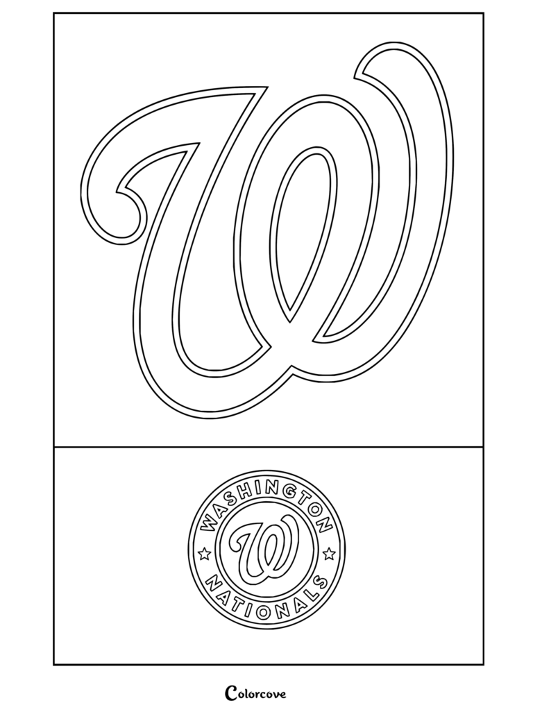 Dibujo para colorear Trends International del logo de Washington Nationals de la MLB con la emblemática W en cursiva y el sello del equipo.