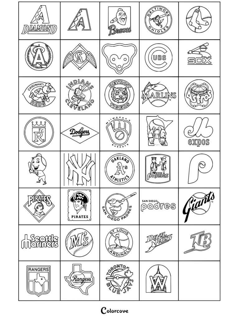 Dibujo para colorear con una cuadrícula de logos de béisbol retro con emblemas clásicos de equipos de la MLB.