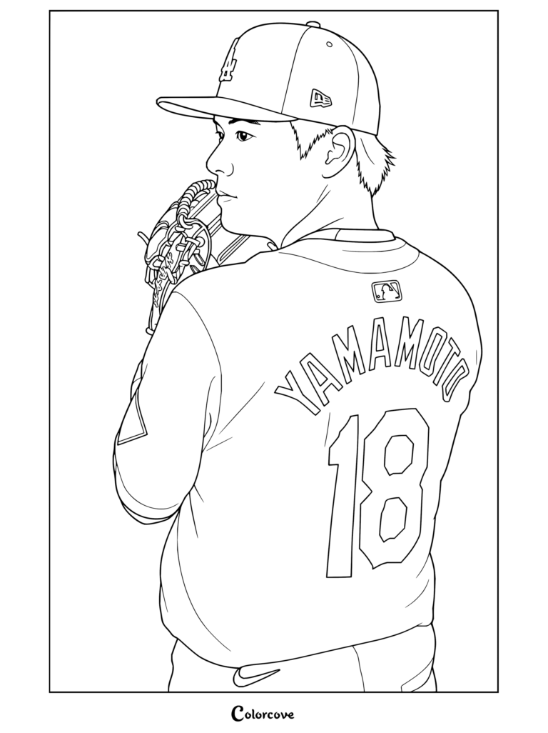 Dibujo para colorear de Yoshinobu Yamamoto vistiendo el uniforme de los Dodgers y sosteniendo un guante de béisbol en una pose de retrato de MLB.