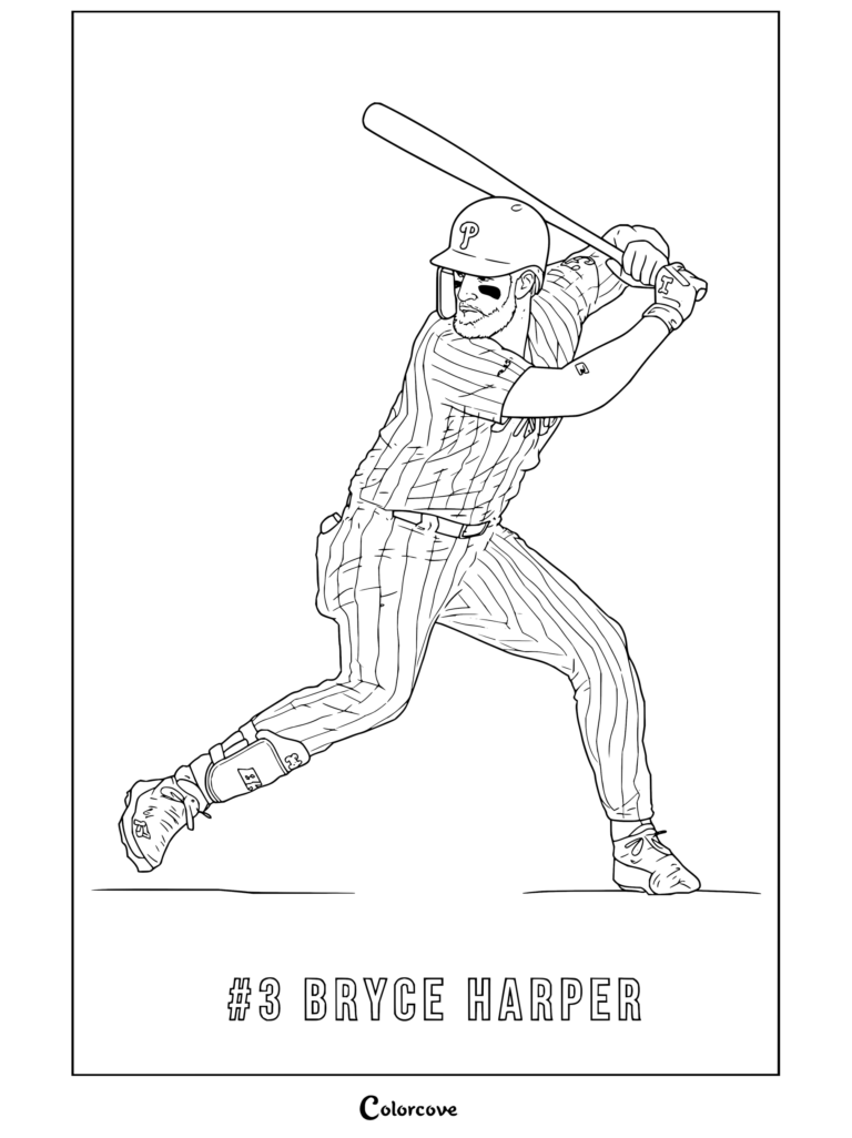 Dibujo para colorear de Bryce Harper bateando con su uniforme de Philadelphia Phillies para aficionados de MLB