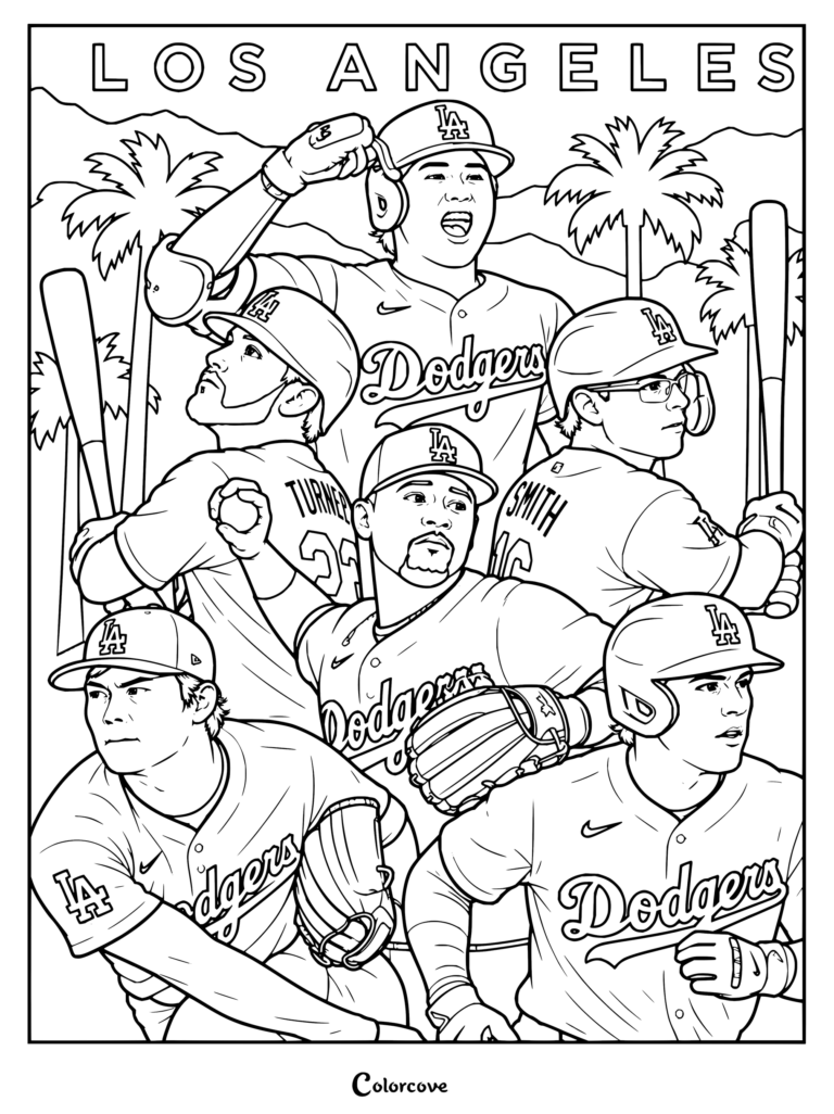 Dibujo para colorear de jugadores del equipo Los Angeles Dodgers de MLB con Shohei Ohtani, Mookie Betts, Freddie Freeman, Will Smith y Yoshinobu Yamamoto.