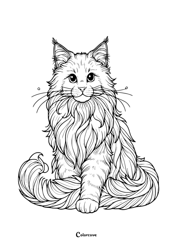 A detailed Maine Coon coloring page featuring a fluffy cat with tufted ears sitting gracefully.