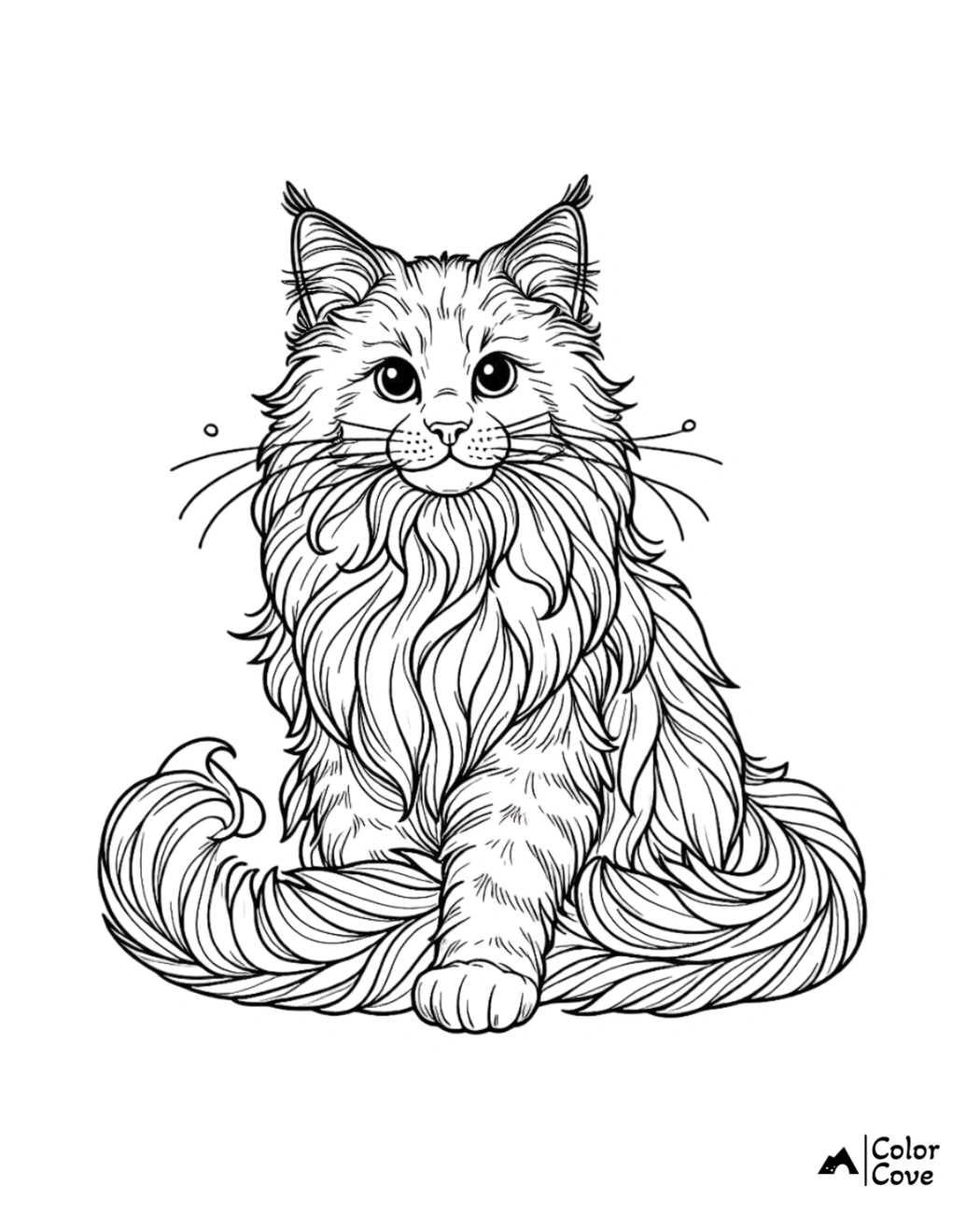 Detailed cat coloring page featuring a fluffy feline with intricate fur patterns, perfect for children and adults.