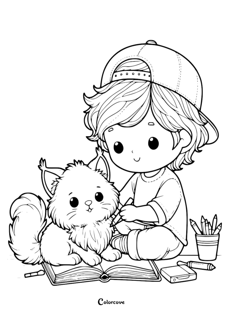 A cute boy in a baseball cap drawing a fluffy Maine Coon kitten on a coloring page.