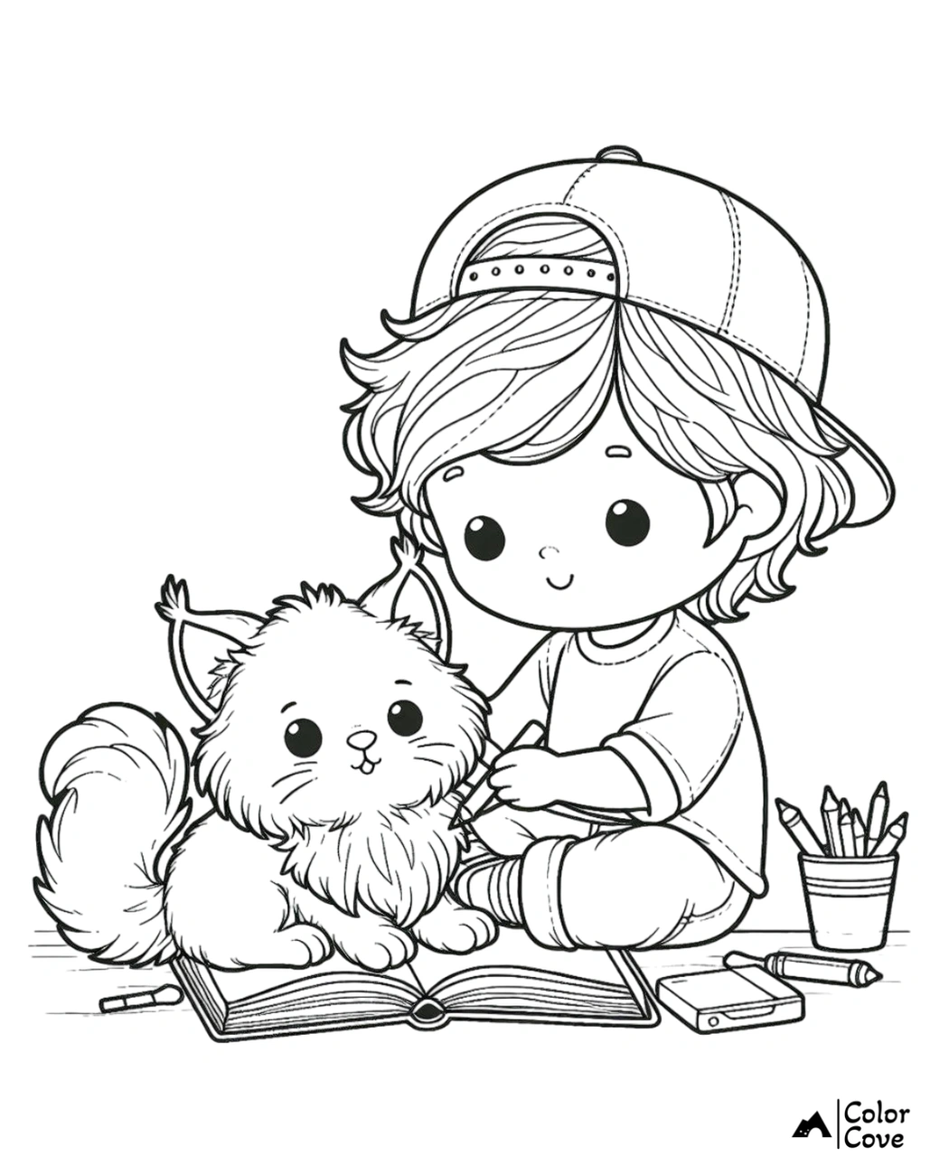 Coloring page of a cute child with a backward cap and a fluffy cat, sitting together coloring an open book.