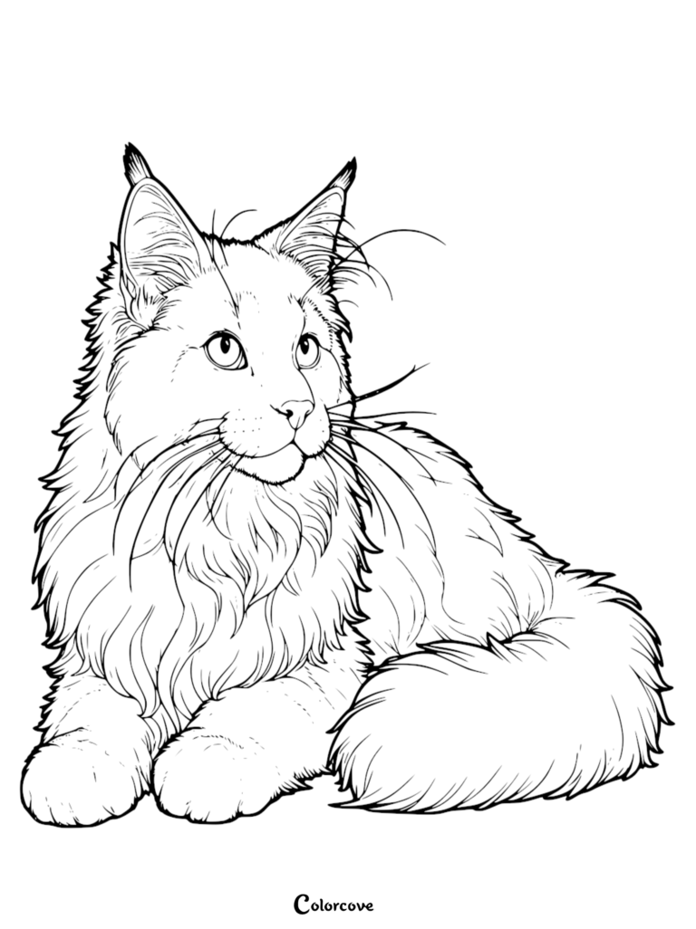 A detailed Maine Coon coloring page featuring a fluffy cat with tufted ears sitting in a resting pose.