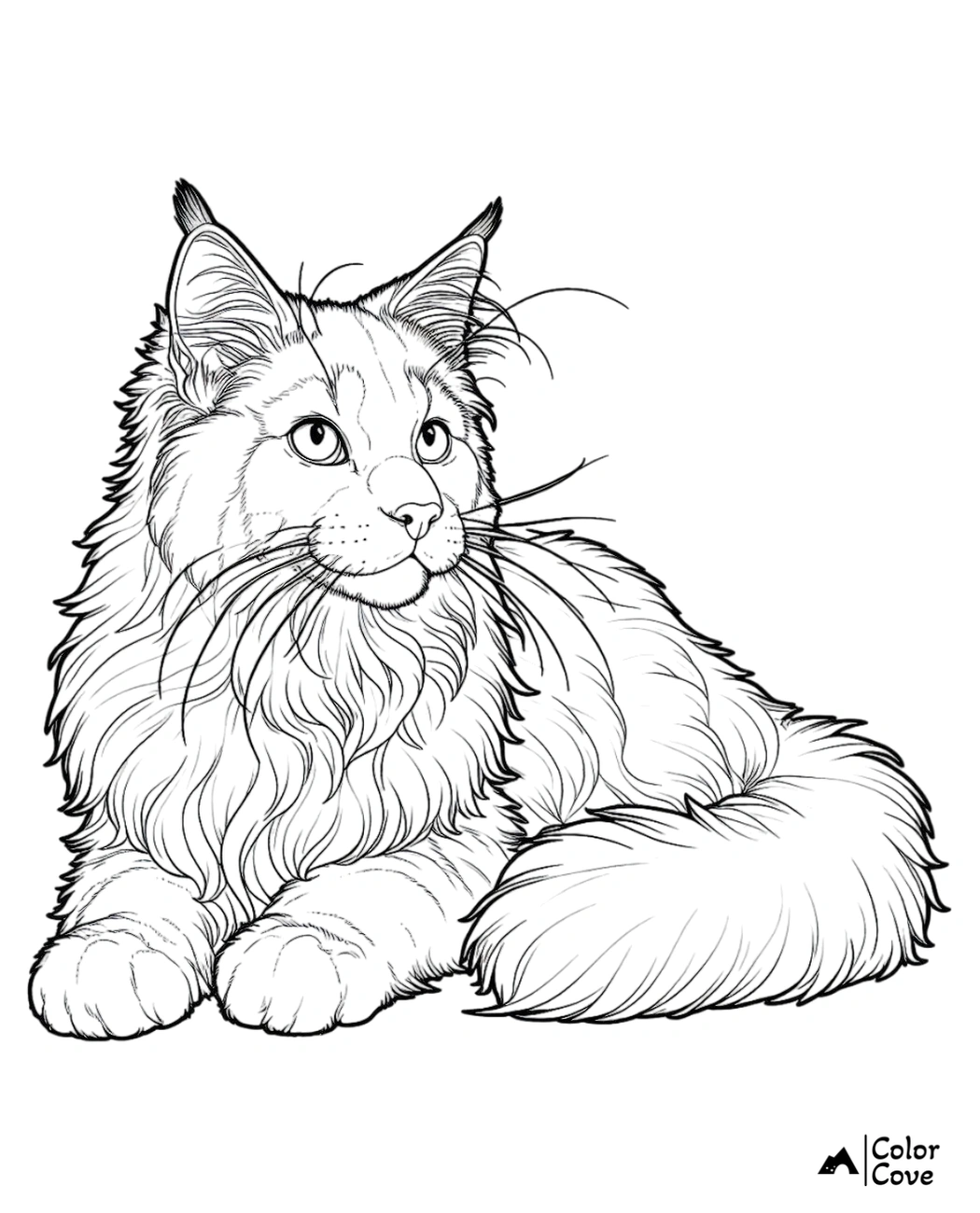 Cat coloring page featuring a fluffy Maine Coon lounging, perfect for kids and animal lovers.