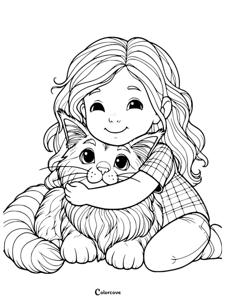 A young girl with long wavy hair hugging a fluffy Maine Coon cat in this free printable coloring page.