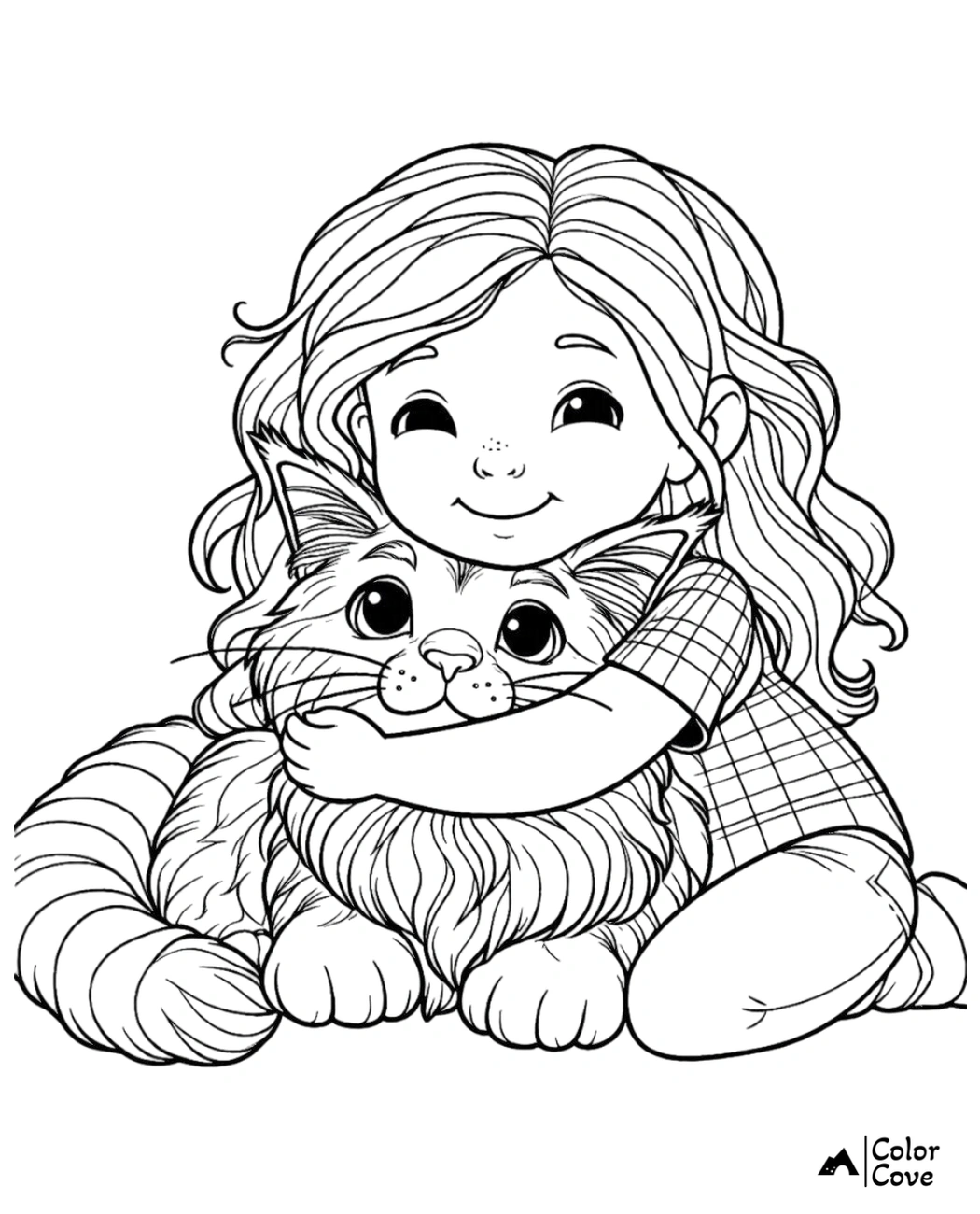 Girl hugging fluffy cat coloring page - cute children’s art by Color Cove. Perfect for kids and animal lovers to color.