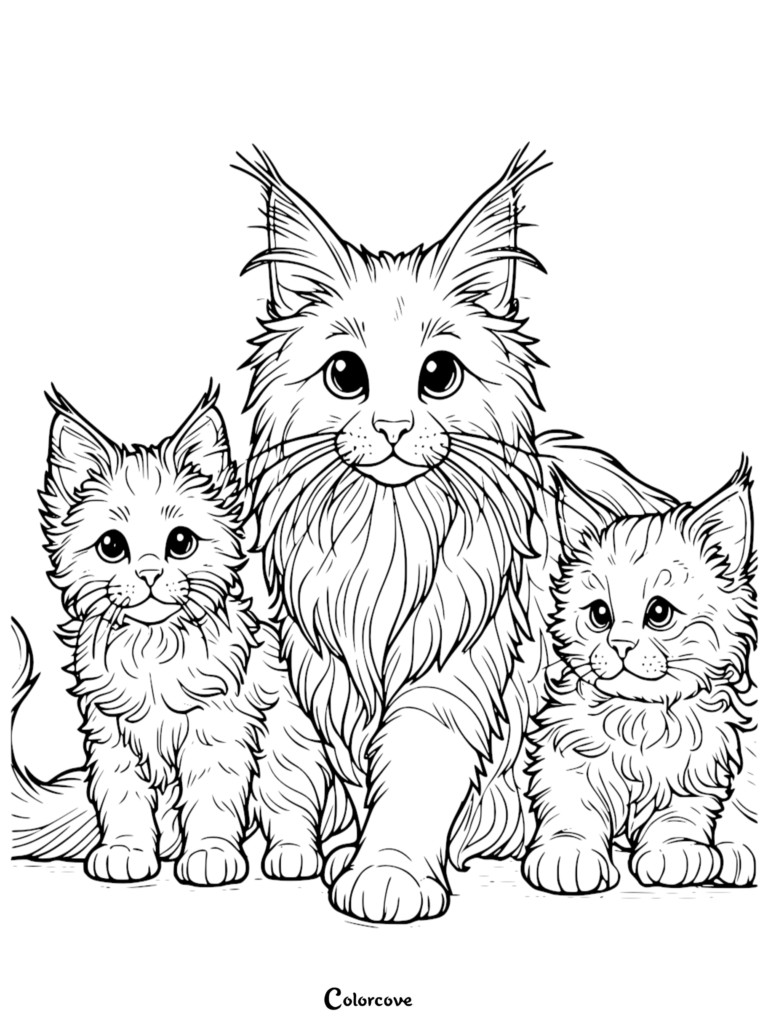 A detailed Maine Coon coloring page featuring an adult cat sitting with two fluffy kittens.