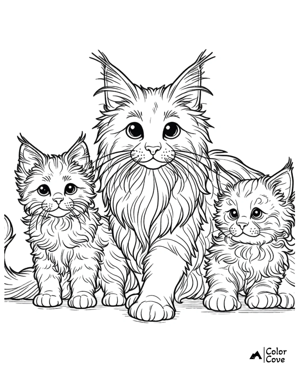 Coloring page of three fluffy cats, one large adult cat and two kittens, designed for kids and cat lovers.